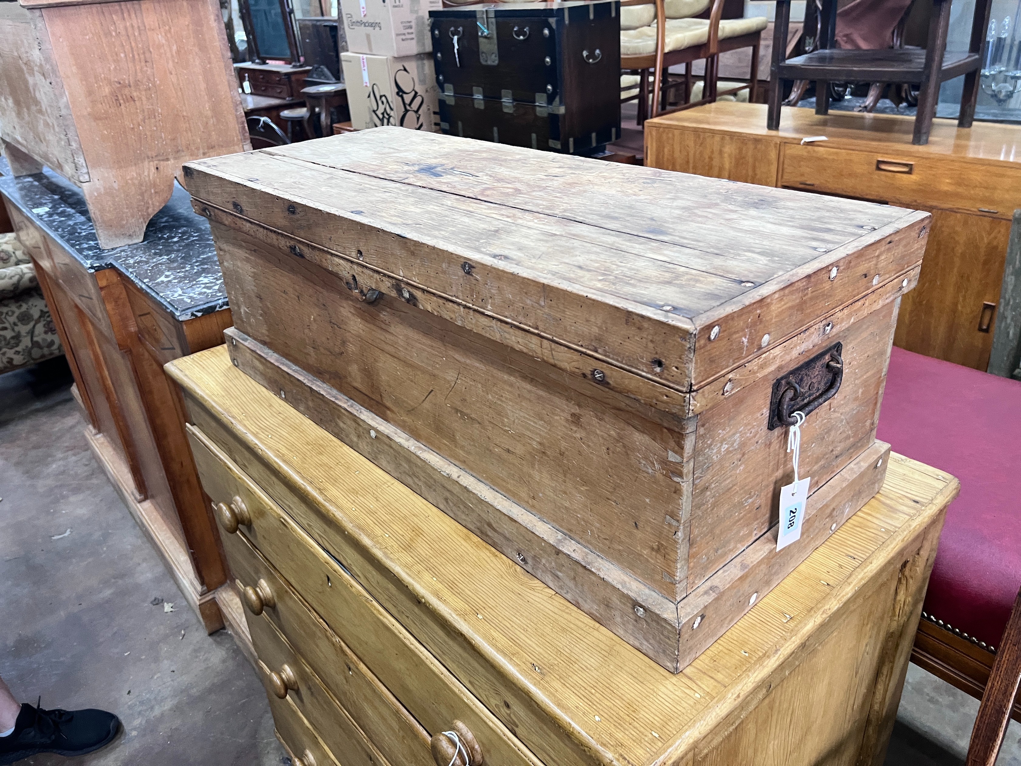 A pine trunk (locked shut), width 92cm *Please note the sale commences at 9am.